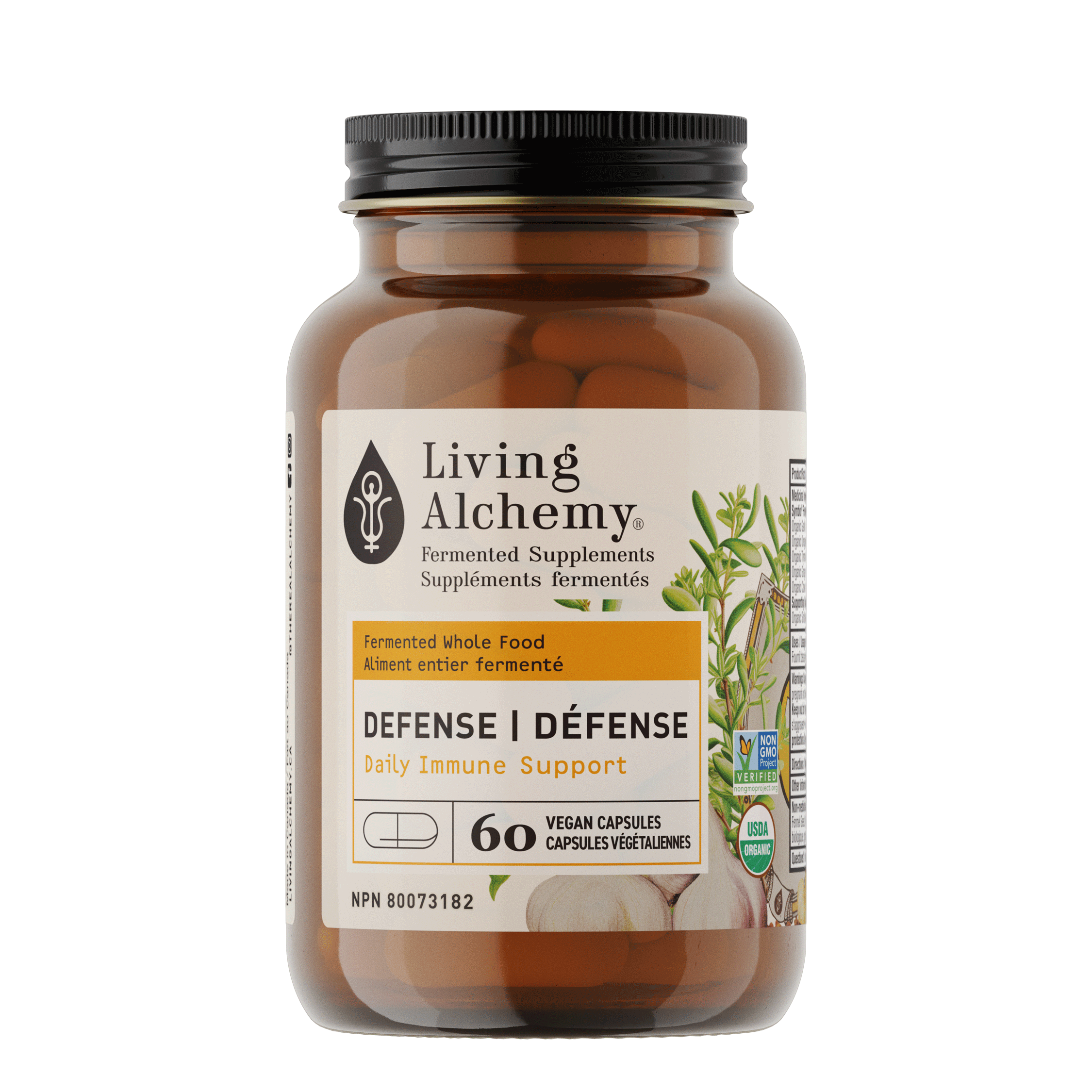 Living Alchemy Defense fermented immune support bottle with organic ginger and garlic