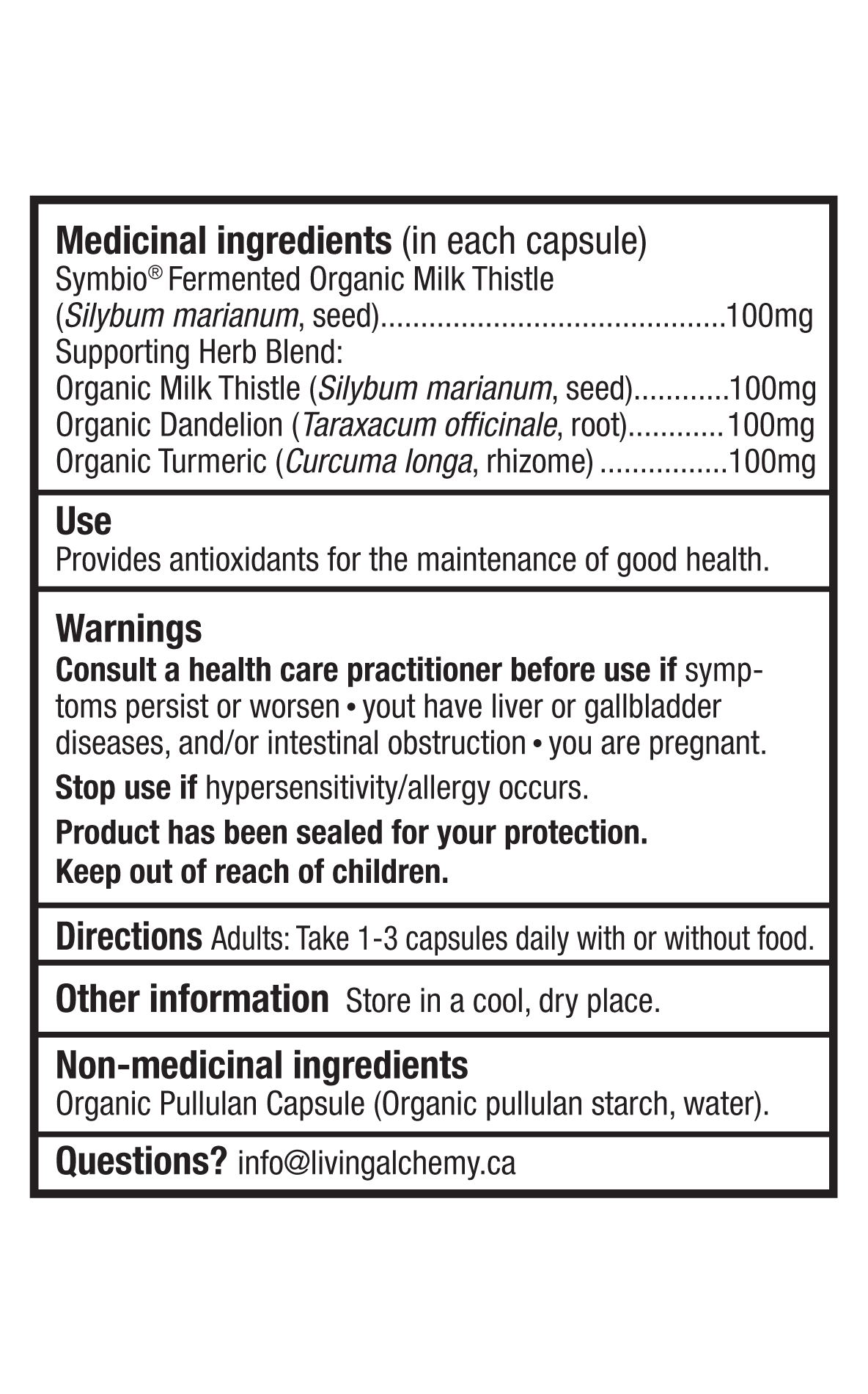 Étiquetage de nutrition de chardon-Marie